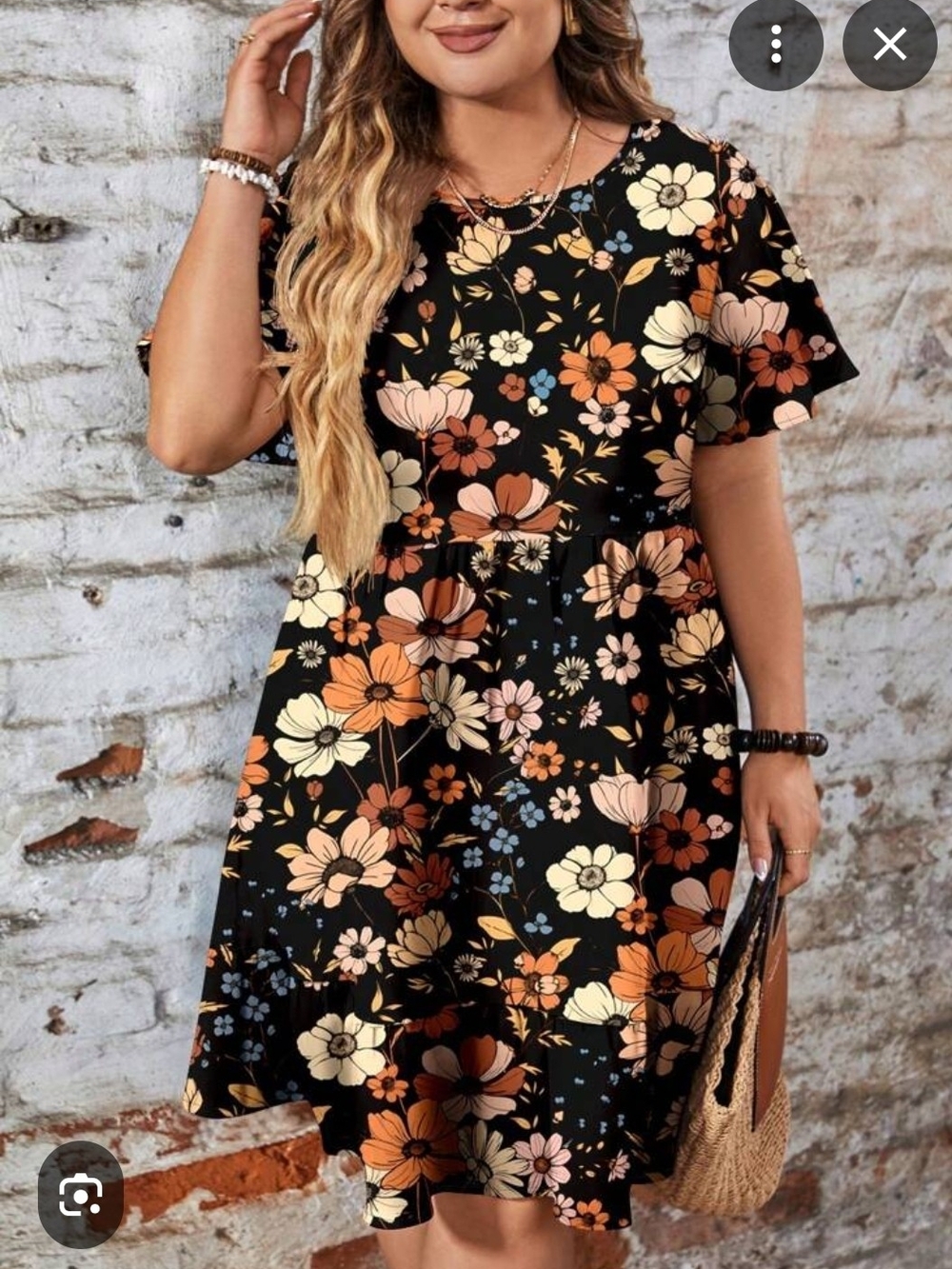 Free People Black Floral Mini Dress with Orange, Cream & Blue Blooms